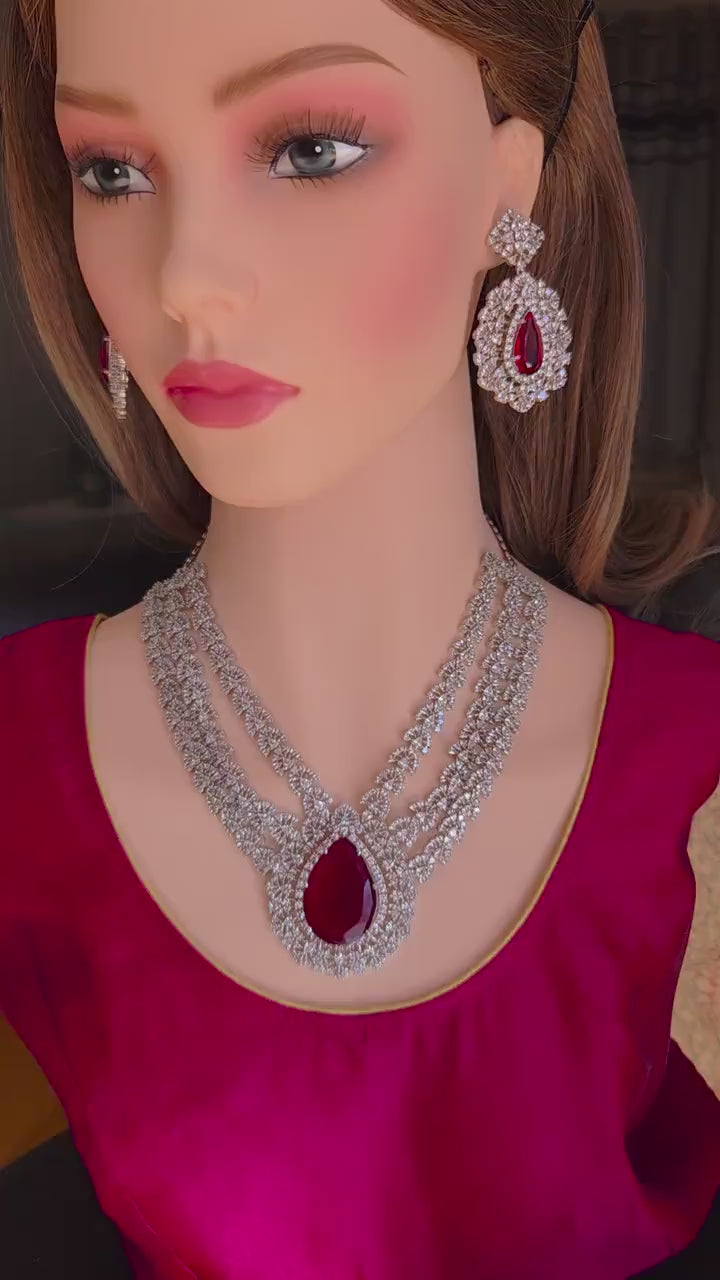 Ruby Red Layered CZ Necklace Set | Silver Plated Bridal Statement Jewelry