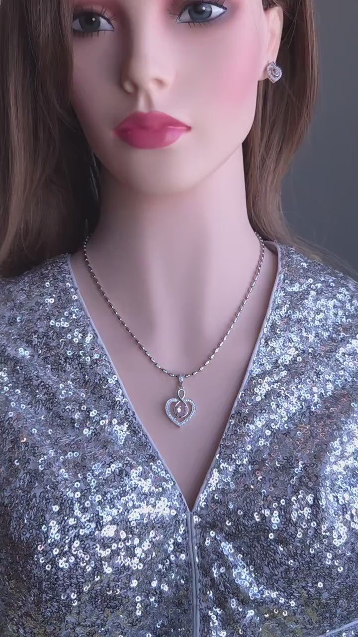Heart CZ Pendant Necklace & Earrings Set – Pink or Clear, Silver Tone