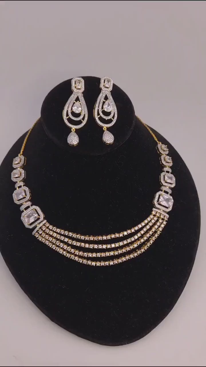 Geometric CZ Bridal Necklace & Earrings Set – Gold Plated Statement Indian Wedding Jewelry