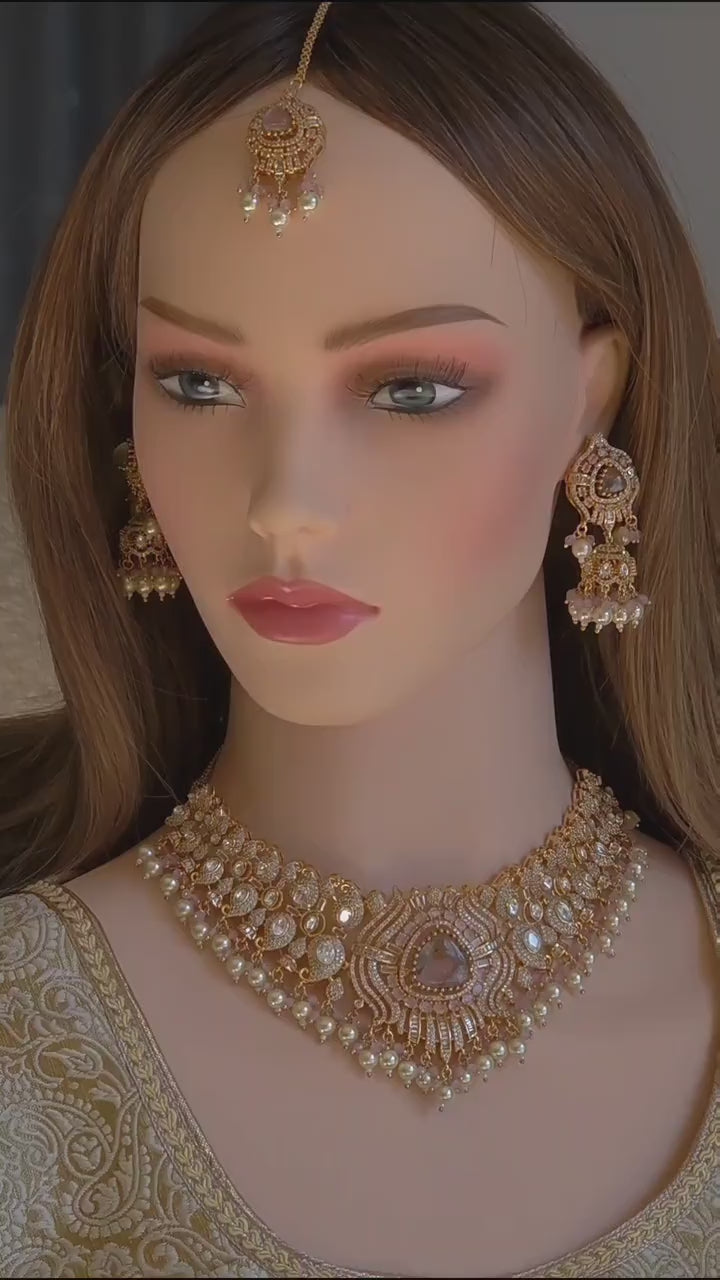 Peach Kundan Polki Bridal Choker Set, Indian Wedding Jewelry, Statement Lehenga Necklace, Pakistani Nikkah Reception Jewelry Set Maang Tikka