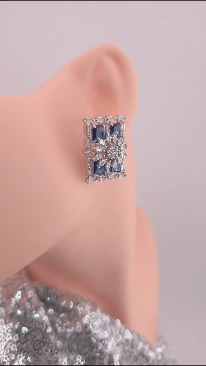 Rectangle CZ Stud Earrings – Geometric Bridal Statement, Blue, Champagne or Clear