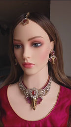 Ganpati Moissanite Kundan Necklace Set, Indian Temple Jewelry, Bridal Wedding Jewelry, Diwali Festive Gift Statement Pendant set Maang Tikka