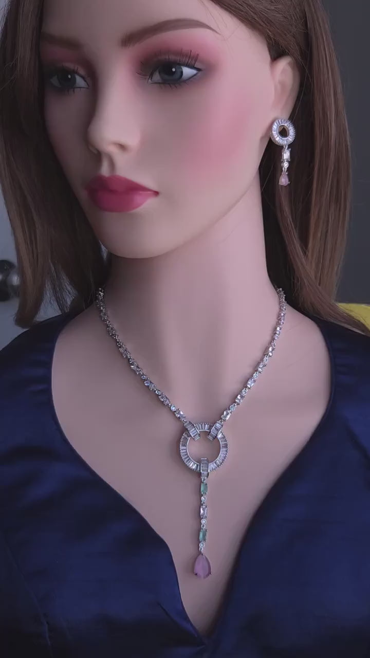 Art Deco CZ Y Necklace & Earring Set | Silver Plated | Purple, Mint Green & Pink