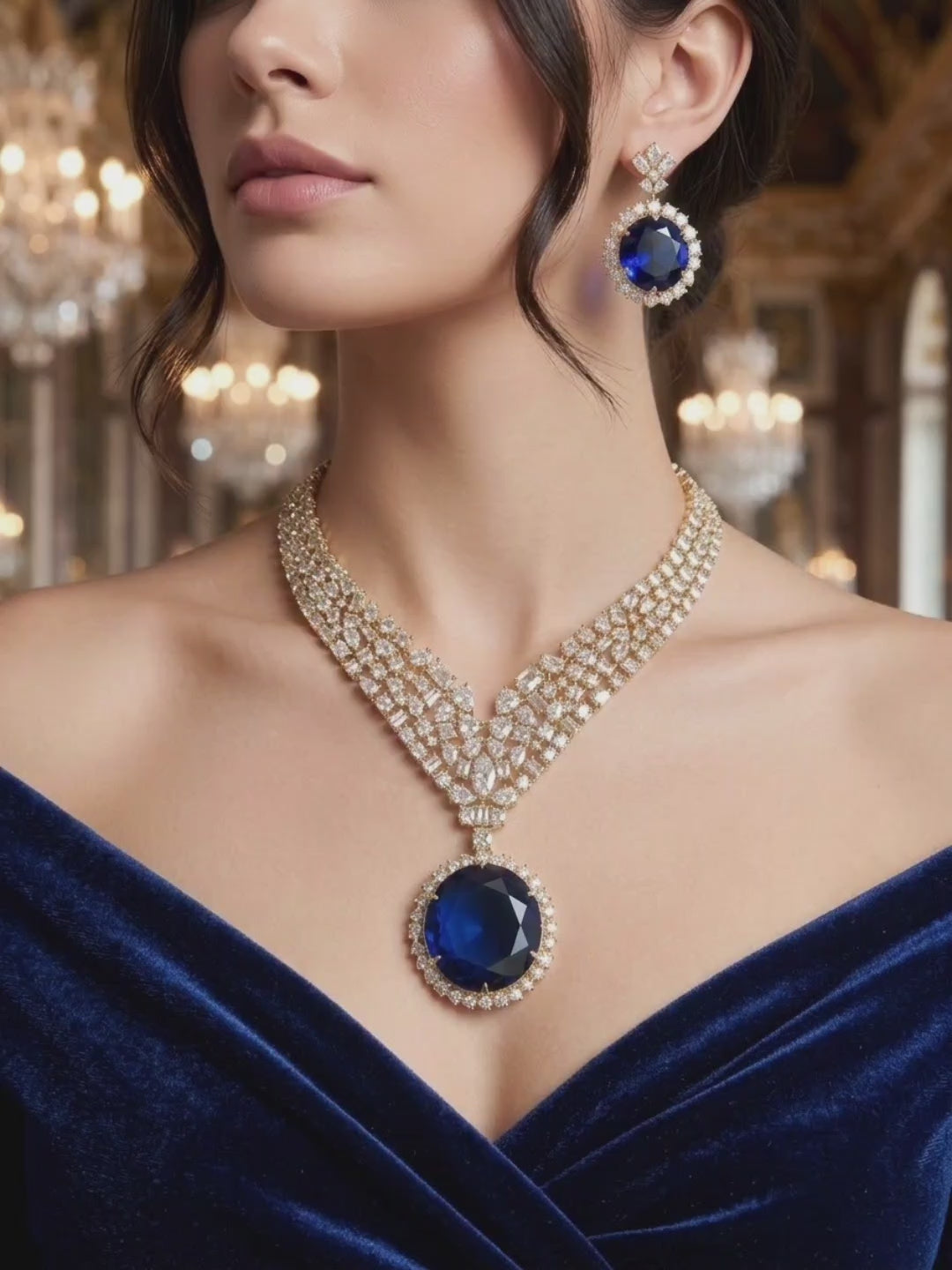 Sapphire CZ Wide V-Collar Necklace & Round Drop Earring Set Azura – multi-cut white CZ polki-inspired V-collar with oversized round sapphire blue CZ halo pendant and matching halo drop earrings in gold finish