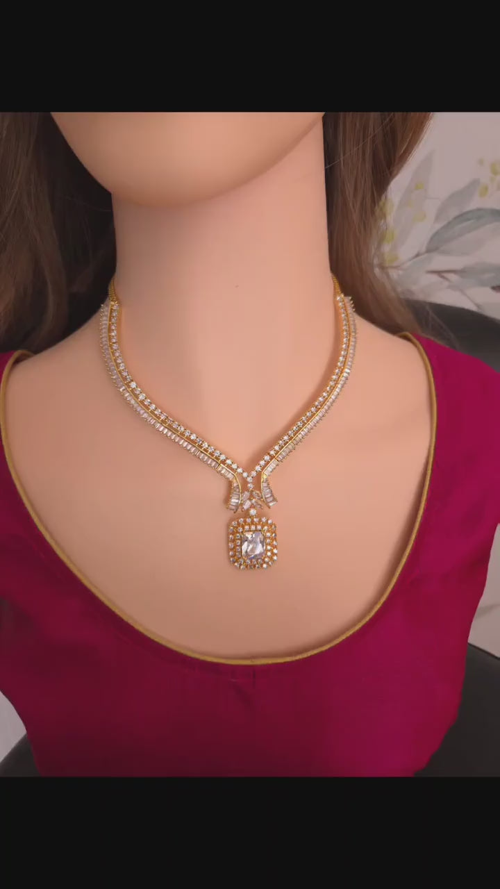 Gold Plated CZ V-Neckline & Square Drop Necklace Set – Indian Bridal Wedding Jewelry