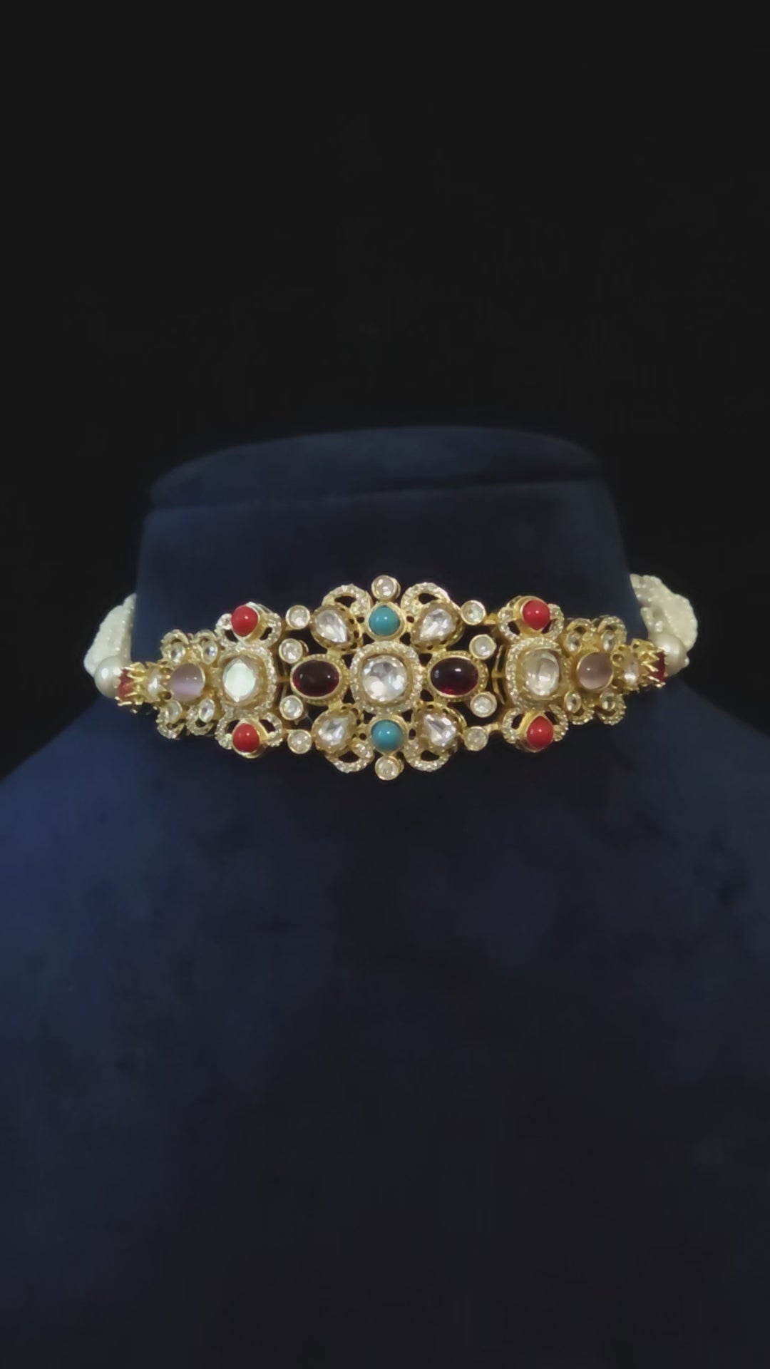 Navratna Polki Kundan Pearl Choker & Stud Earring Set Sohana – wide gold polki CZ panel with turquoise, red coral, and garnet navratna cabochons on pearl string base, Indian bridal jewelry