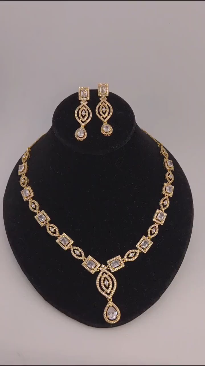 Gold Plated Emerald Cut CZ Bridal Necklace Set with Earrings, Geometric Art Deco Jewelry