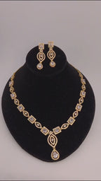 Gold Plated Emerald Cut CZ Bridal Necklace Set with Earrings, Geometric Art Deco Jewelry