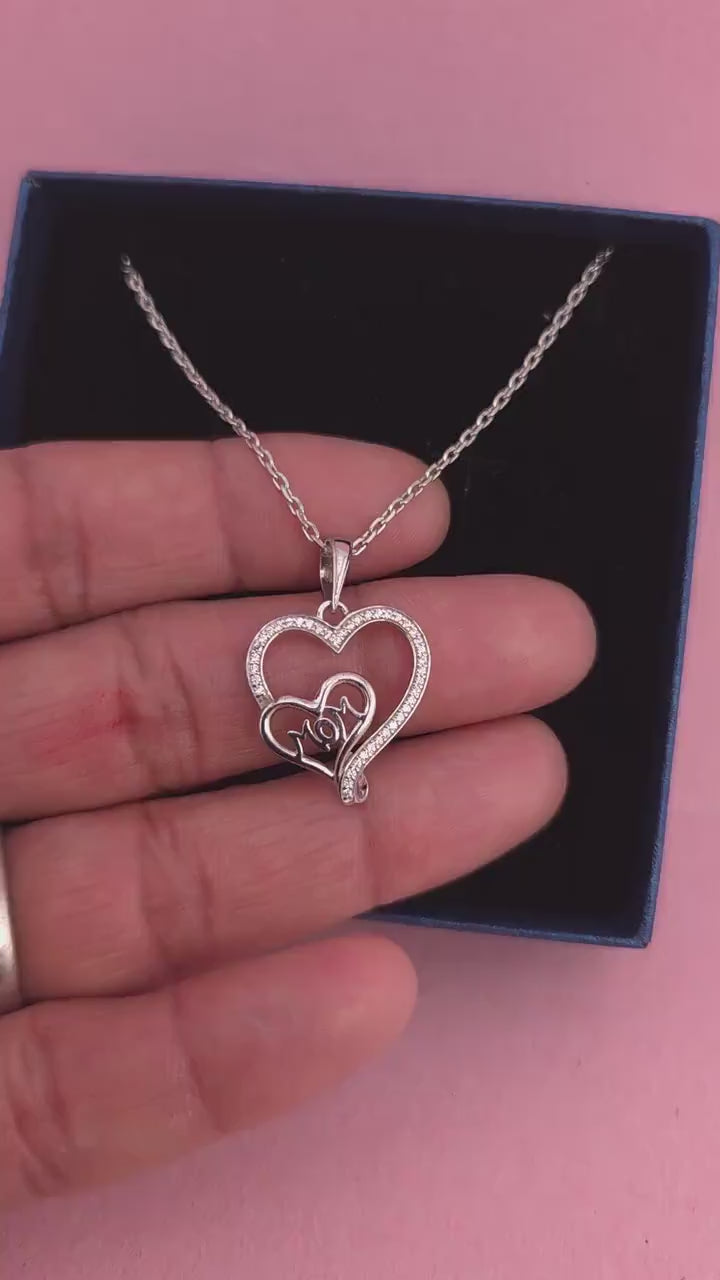 Sterling Silver Mom Heart Necklace with Cubic Zirconia, Minimalist Jewelry