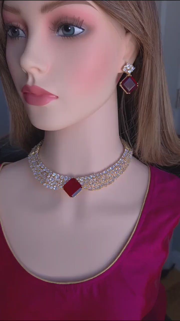 Red Stone CZ Bridal Choker Necklace Set | Gold Plated Wedding Jewelry with Earrings