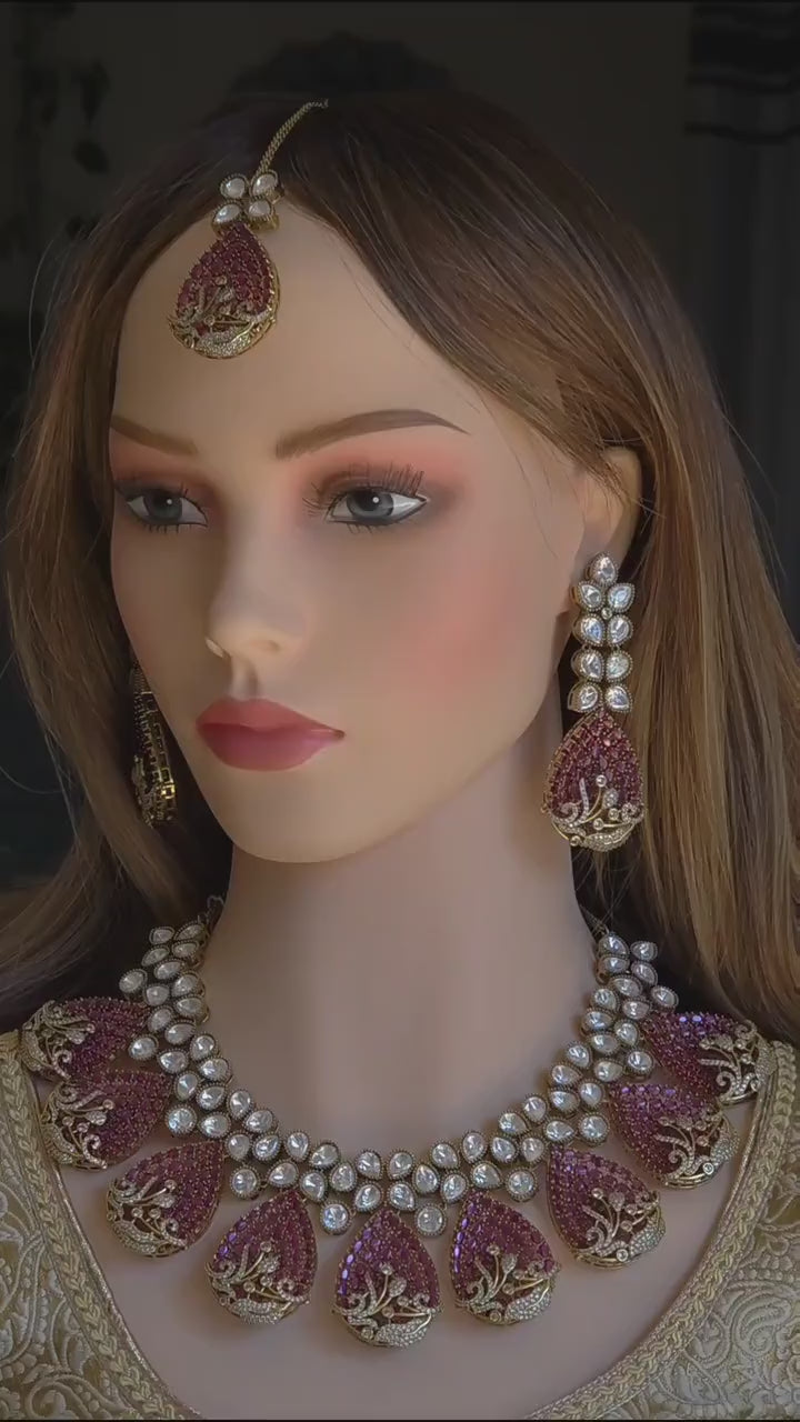Magenta CZ Polki Bridal Choker Necklace Set, Indian Wedding Jewelry, Statement Bridal Jewelry, Reception Sangeet Mehndi Set Maang Tikka