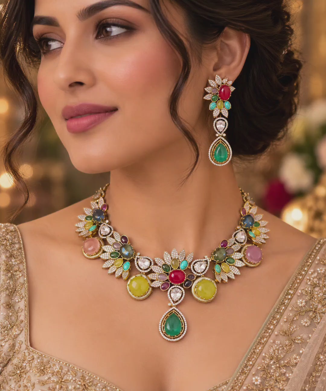 A close-up lifestyle shot of a woman wearing the multicolor gemstone necklace and matching drop earrings, worn over a gold embroidered traditional garment and video showcasing the necklace set and earrings in detail