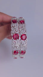 Red Floral AD Bangle Set, Ruby Stone Wedding Bangles, Elegant Indian Bracelet for Bridal & Bridesmaid Wear