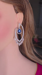 Silver Teardrop Chandelier Earrings in clear & blue CZ– Crystal CZ Bridal Wedding Jewelry