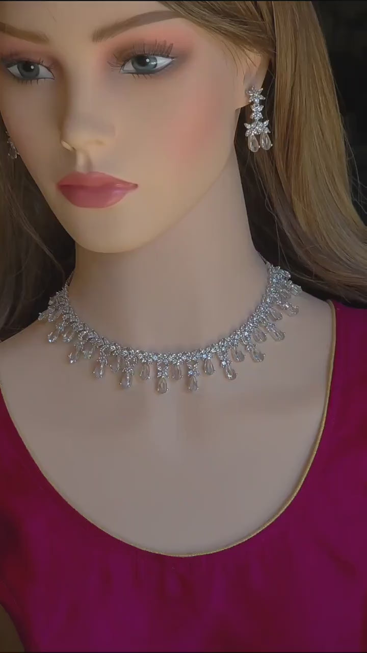Silver CZ Bridal Necklace Set, Diamond Look Wedding Jewelry, Teardrop Statement Necklace Earrings Set, Bridal Reception Jewelry