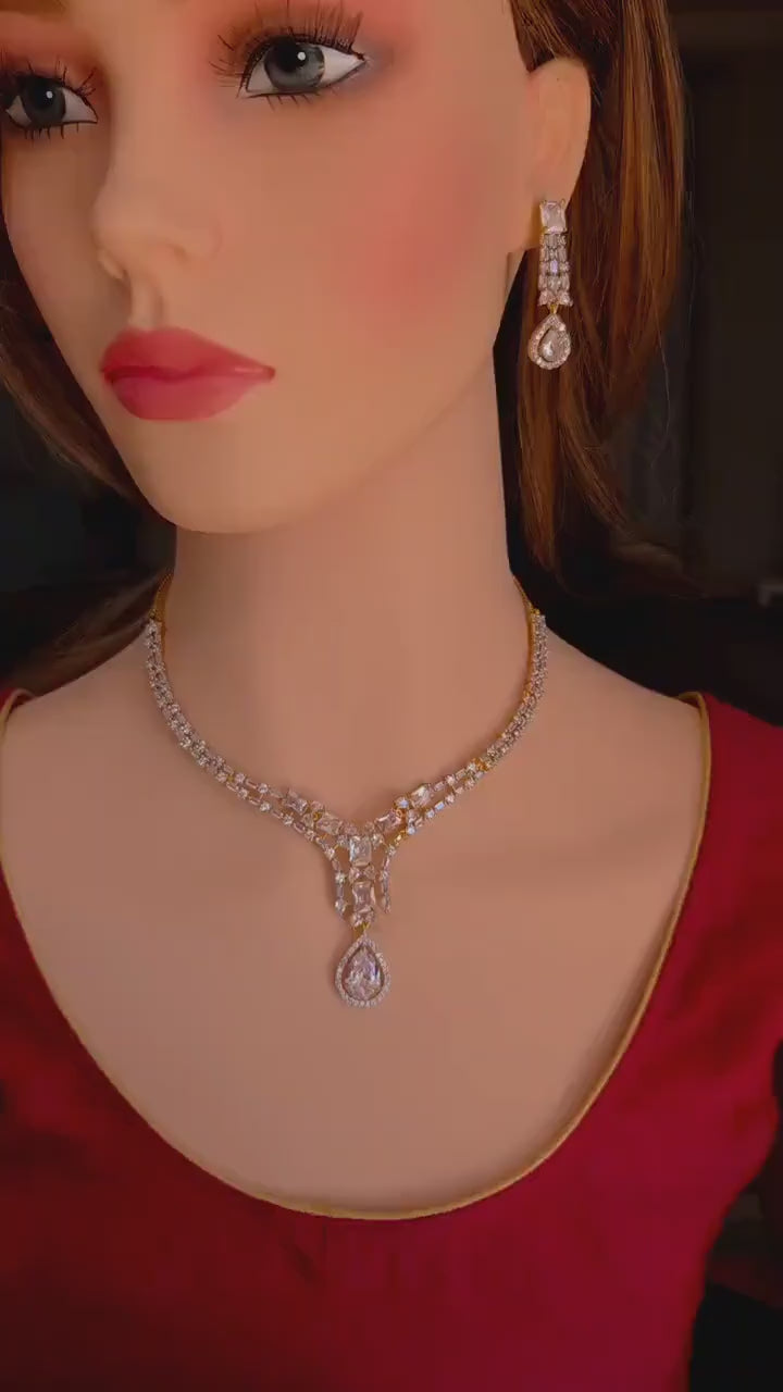Statement Layered CZ Bridal Necklace & Earrings Set – Indian Pakistani Wedding Jewelry