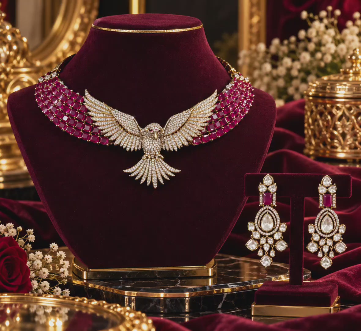 video of a A luxury eagle jewelry set displayed on a dark burgundy velvet mannequin bust, featuring a winged necklace with pink gemstones and crystal-encrusted gold details, matching drop earrings