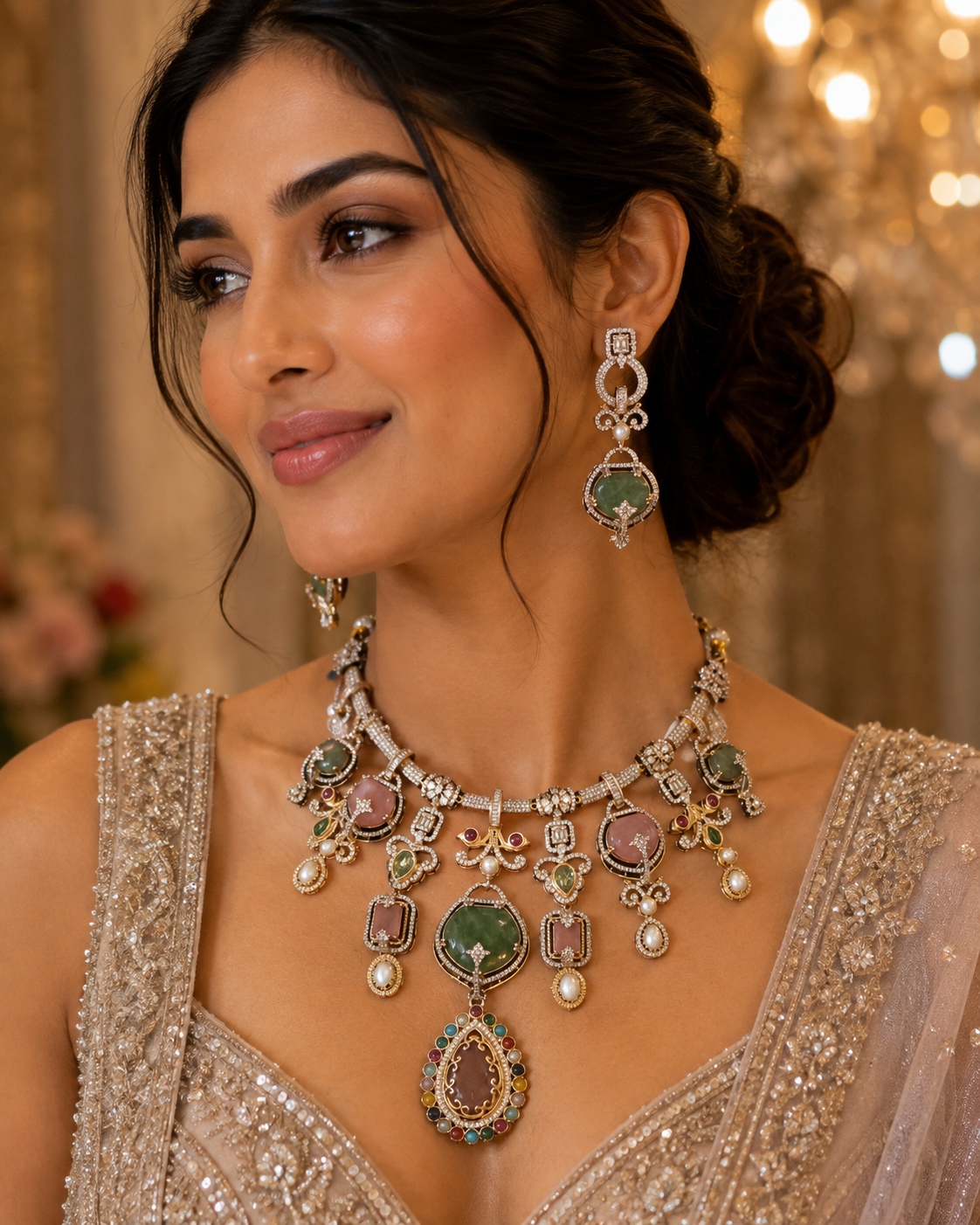 A woman wearing an ornate gold-toned jewelry set featuring a statement necklace and matching drop earrings with green, pink, and white gemstones, paired with a heavily embellished beige gown.