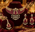 An ornate gold-toned jewelry set displayed on velvet stands, featuring a choker necklace, matching earrings, and a necklace piece with teardrop-shaped red stones and pearl-like drops, arranged against a richly decorated background.
