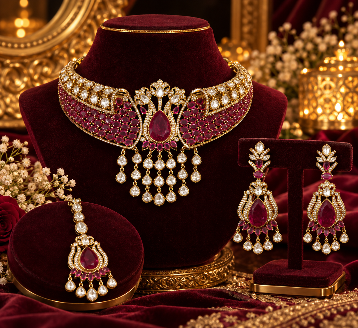 An ornate gold-toned jewelry set displayed on velvet stands, featuring a choker necklace, matching earrings, and a necklace piece with teardrop-shaped red stones and pearl-like drops, arranged against a richly decorated background.