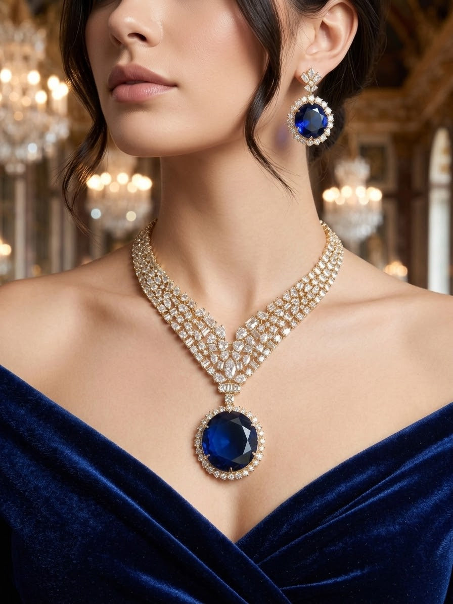 Sapphire CZ Wide V-Collar Necklace & Round Drop Earring Set – Azura