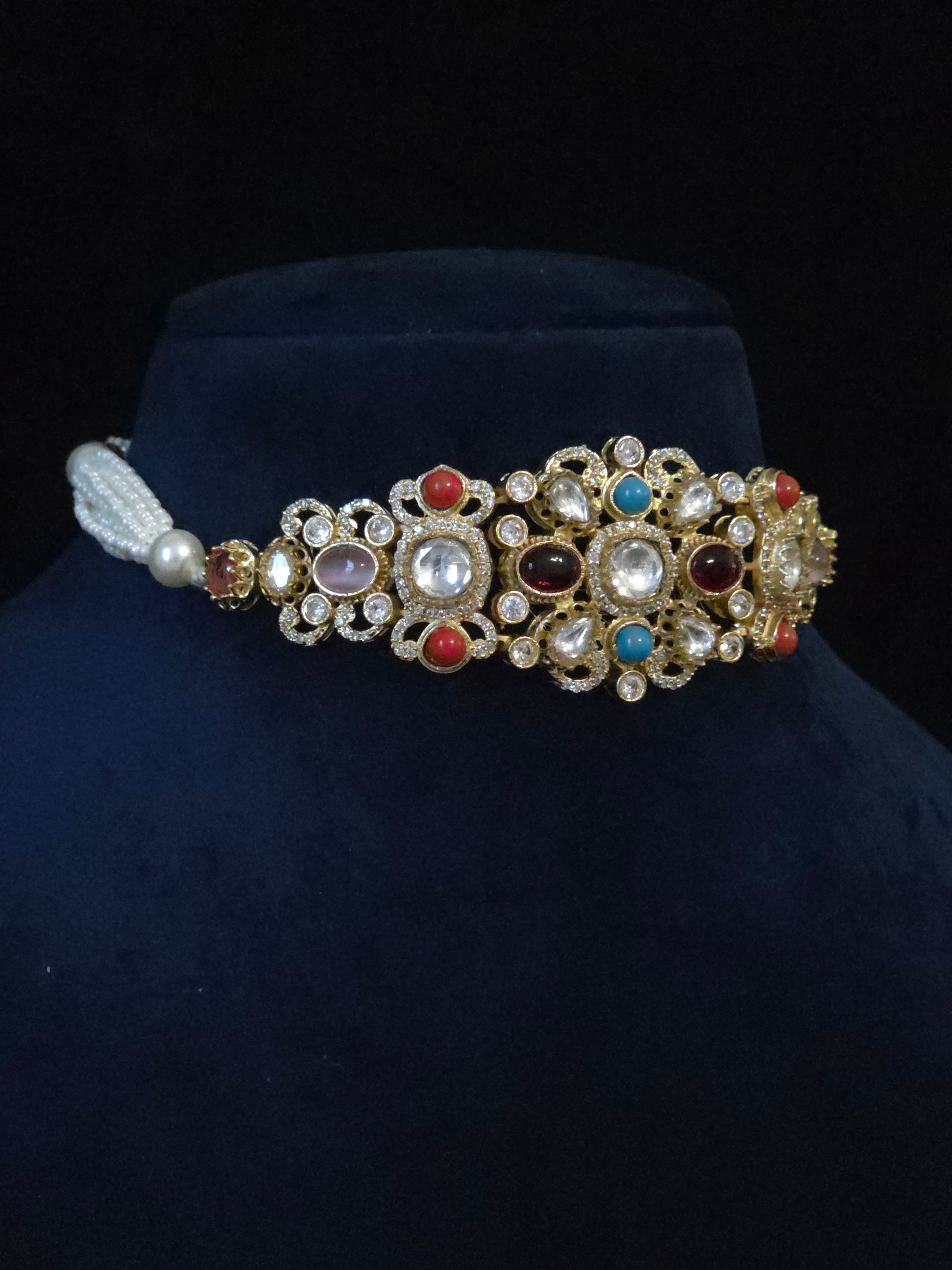 Navratna Polki Kundan Pearl Choker & Stud Earring Set – Sohana