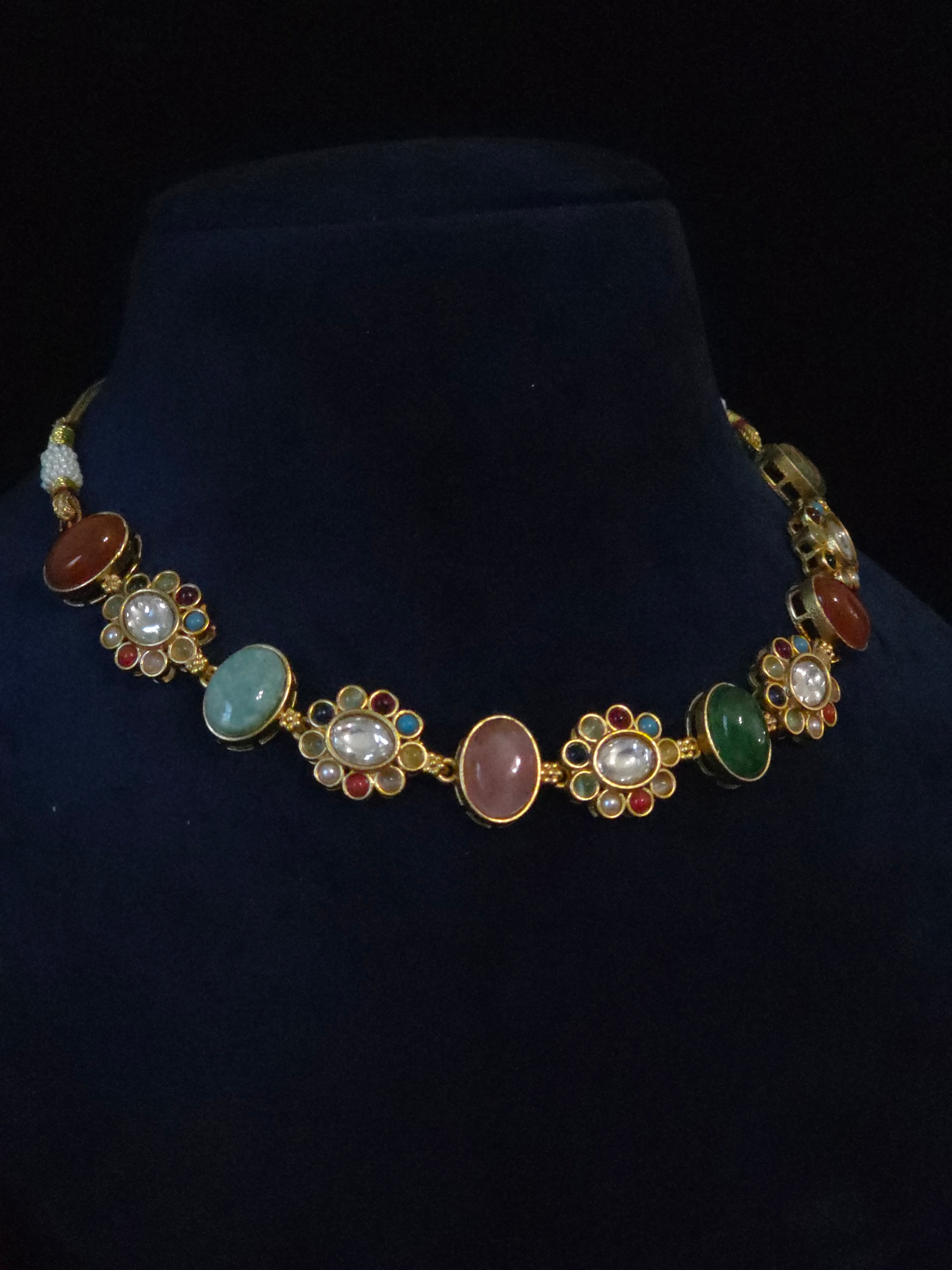 Navratna Kundan Floral Cabochon Choker & Earring Set – Kamala