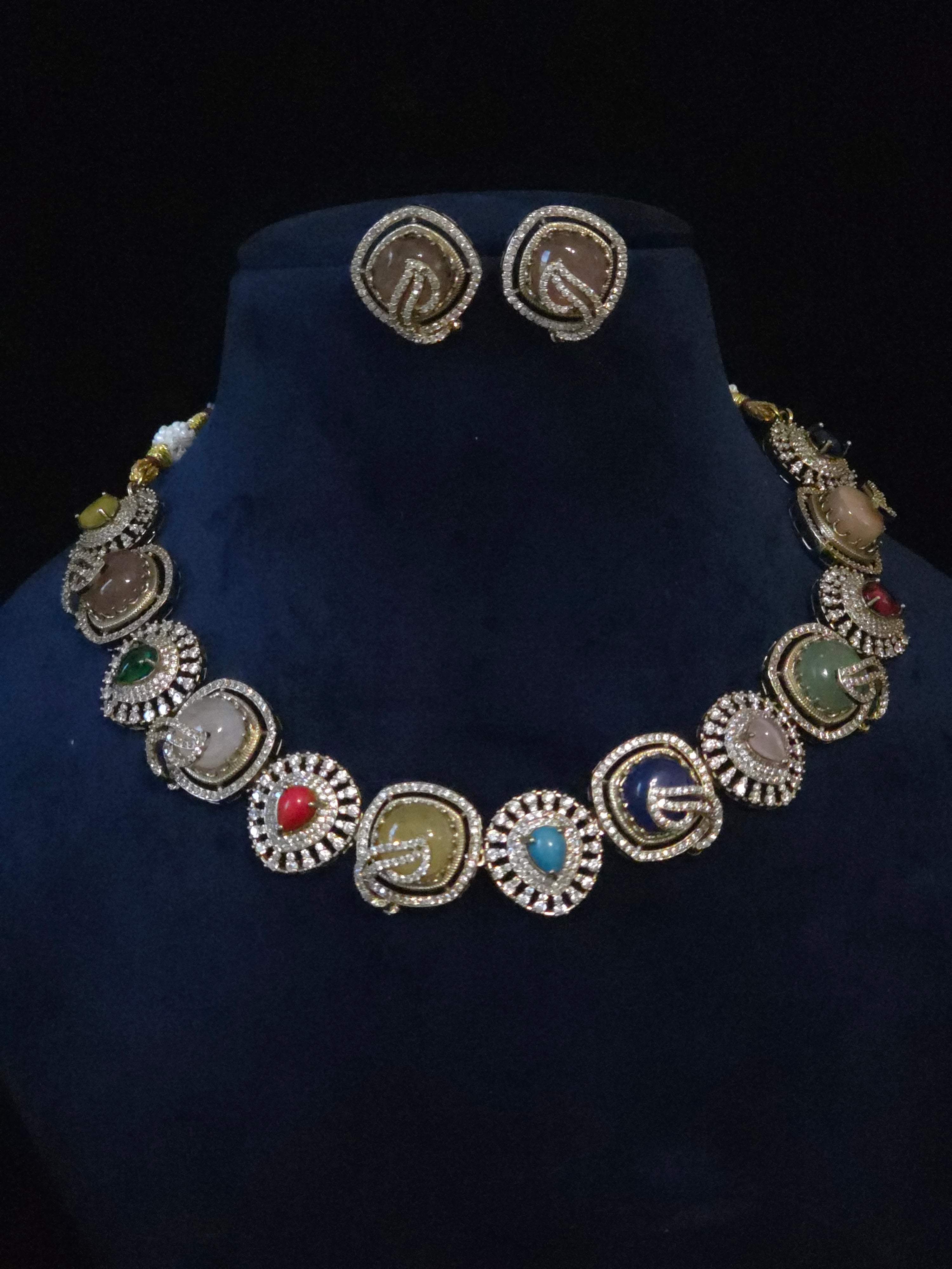 Turkish Kundan Multicolor Cabochon Collar Necklace & Stud Earring Set – Kalindi