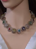 Turkish Kundan Multicolor Cabochon Collar Necklace & Stud Earring Set – Kalindi