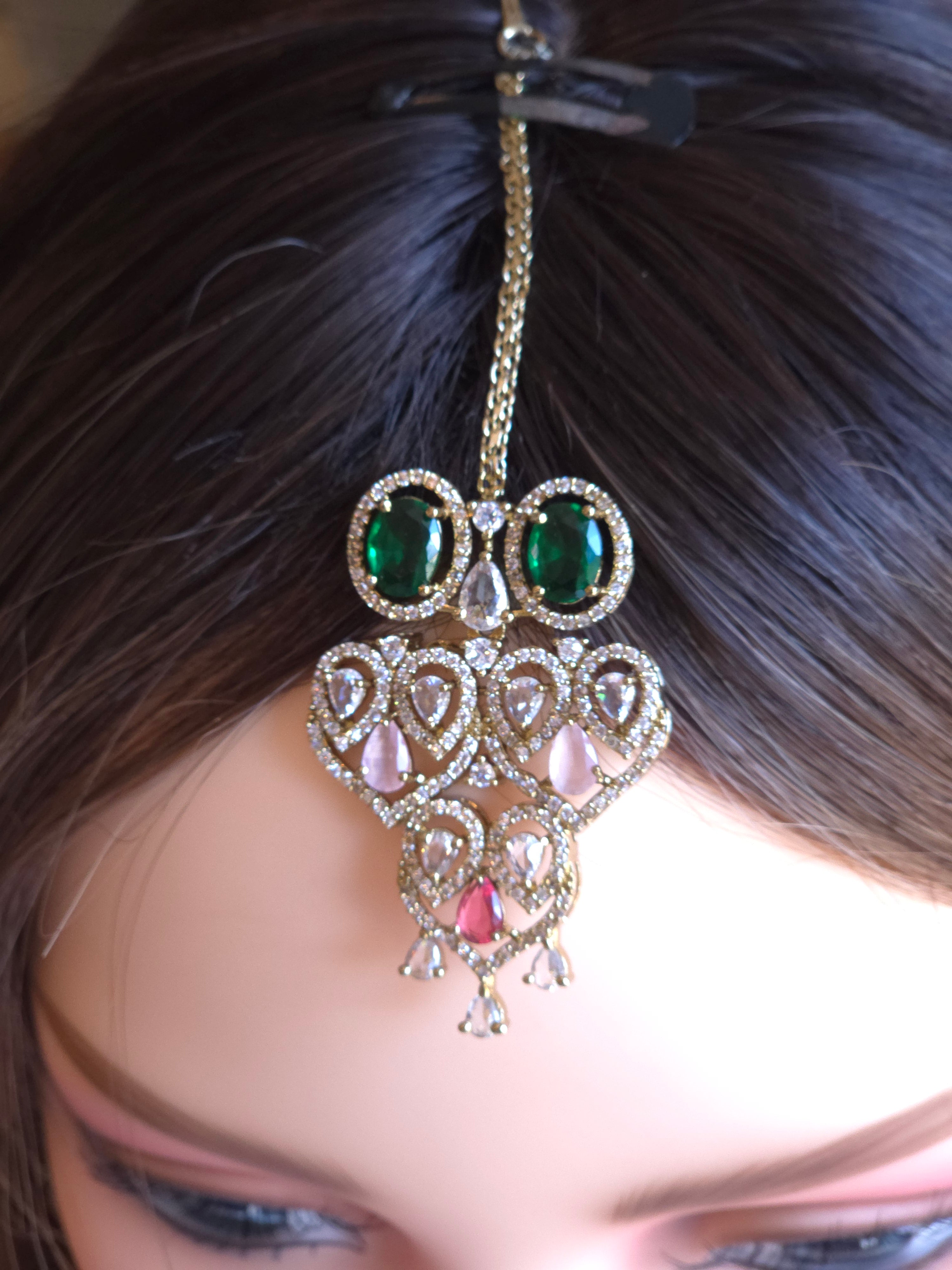 Navratan CZ Filigree Bib Choker, Chandelier Earring & Maang Tikka Bridal Set – Zarkash