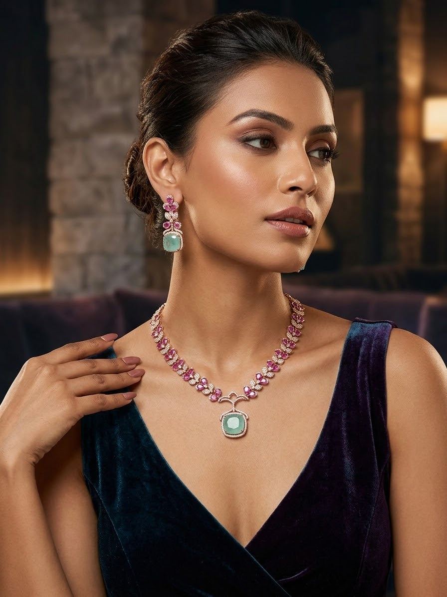 Mint & Fuchsia Floral CZ Statement Necklace & Drop Earring Set – Layla