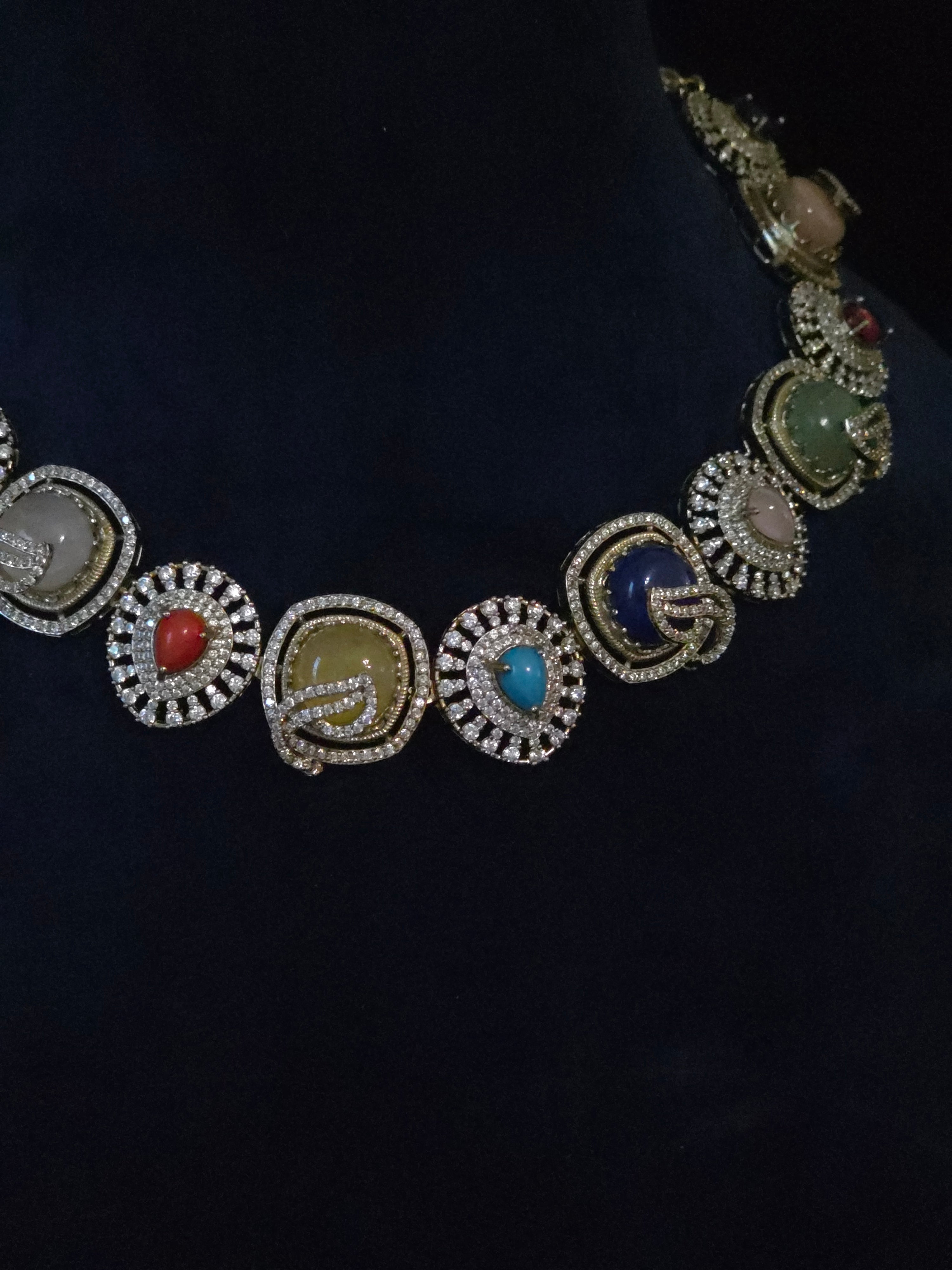 Turkish Kundan Multicolor Cabochon Collar Necklace & Stud Earring Set – Kalindi