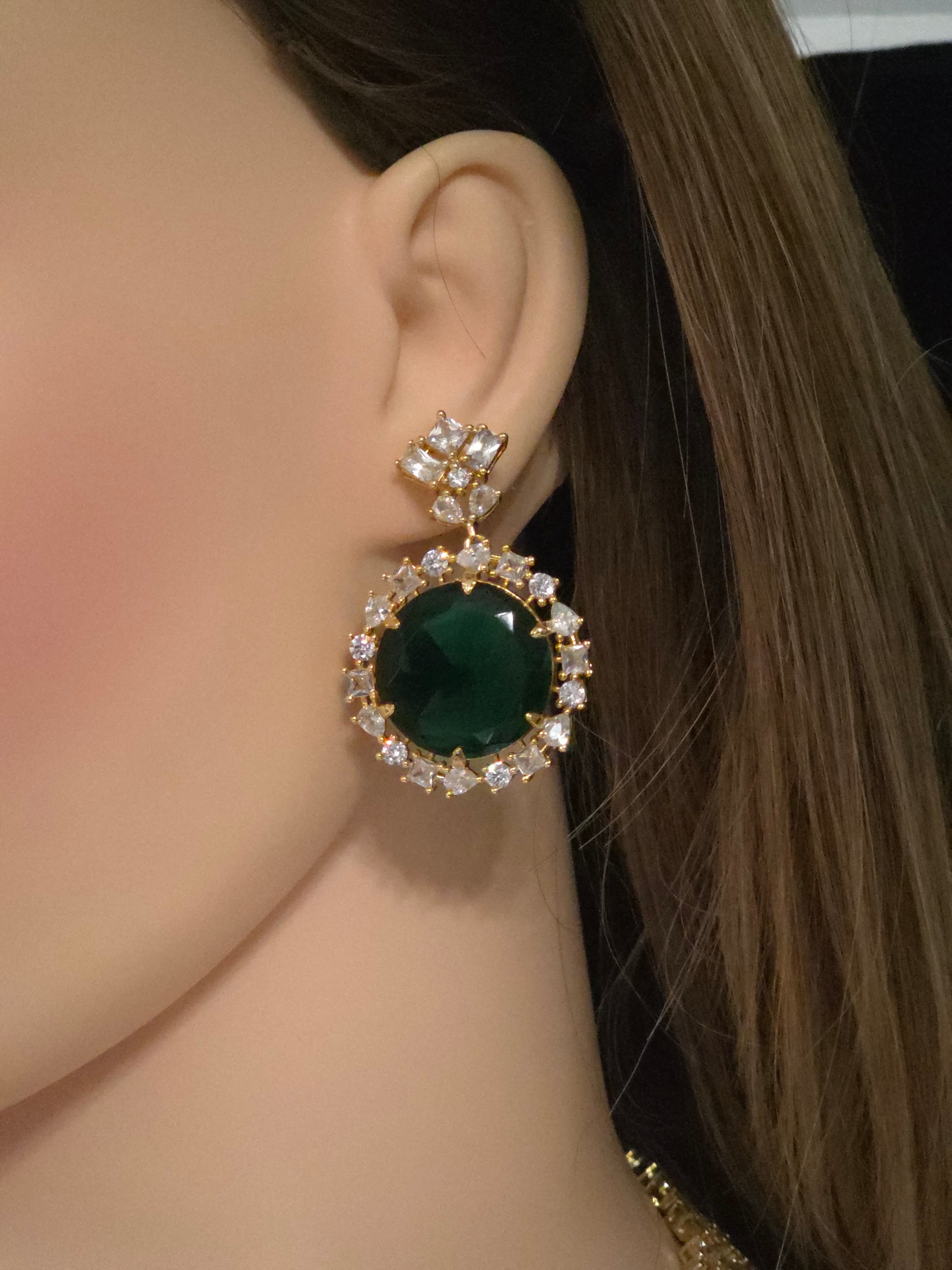 Polki CZ V-Collar Necklace & Emerald CZ Round Drop Earring Set – Inara
