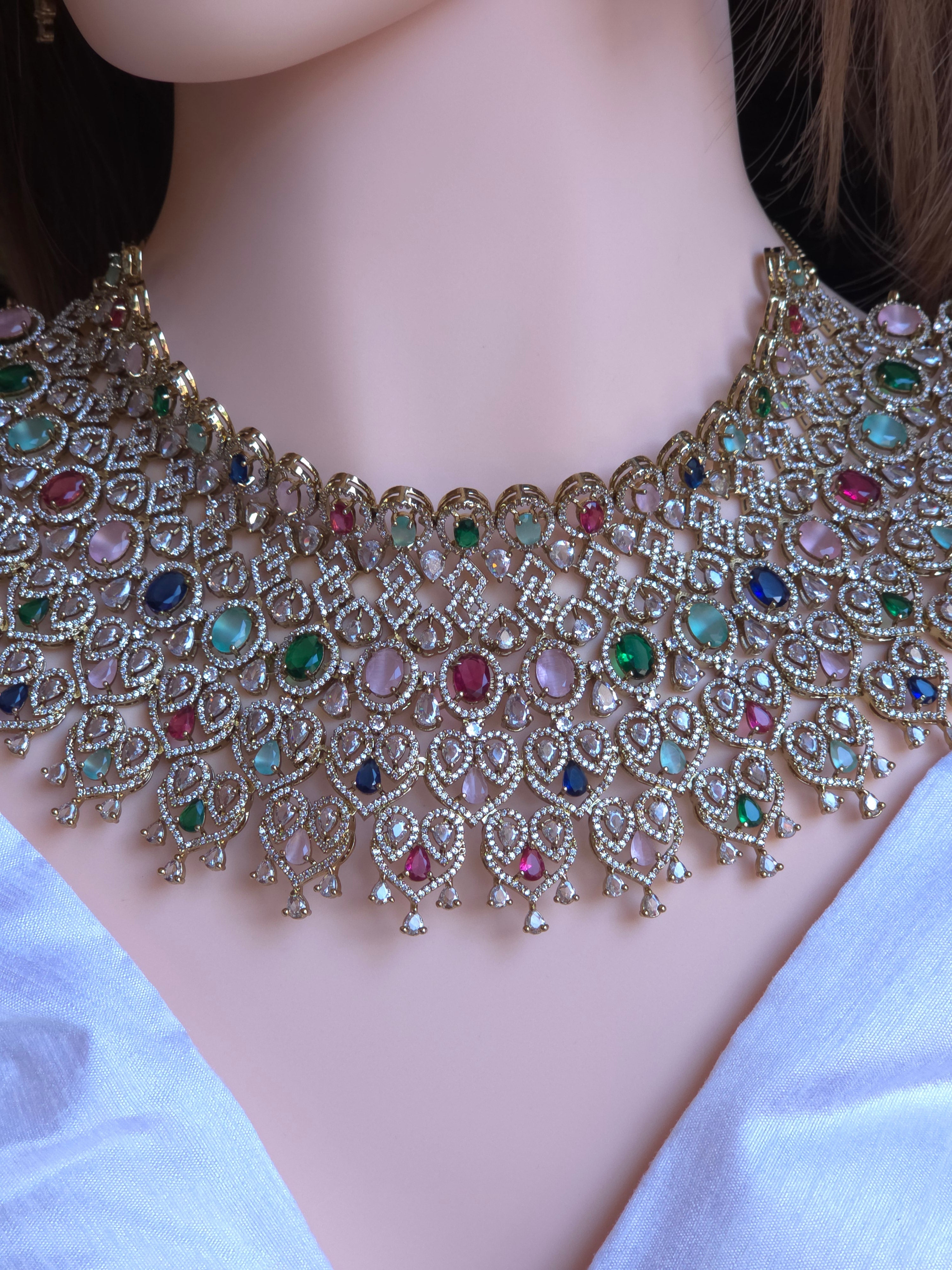 Navratan CZ Filigree Bib Choker, Chandelier Earring & Maang Tikka Bridal Set – Zarkash