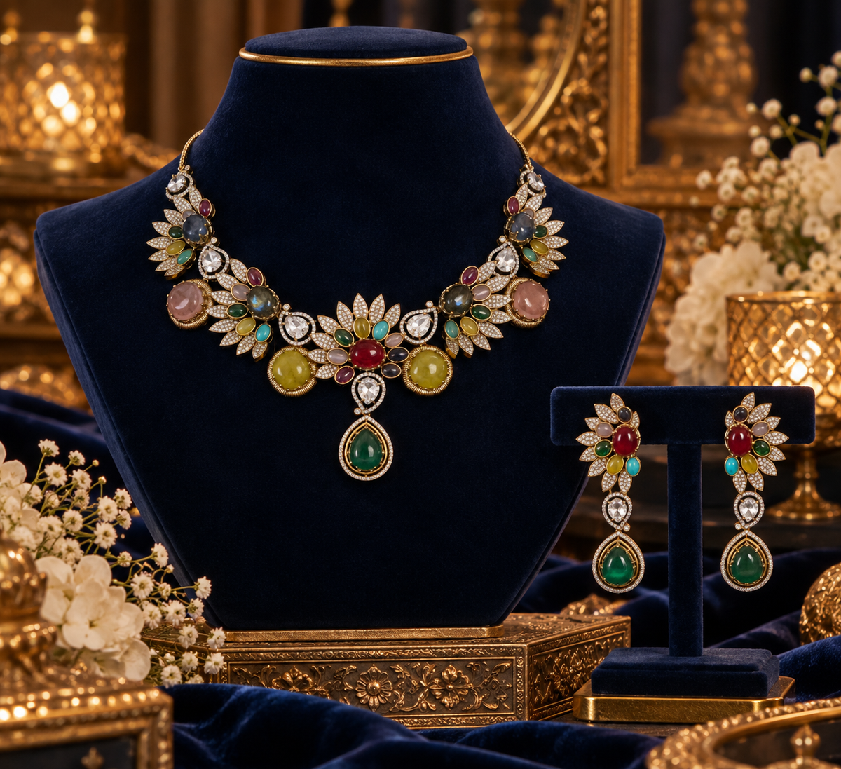 Multicolor gemstone leaf necklace and matching drop earrings with emerald pendant displayed on a navy velvet jewelry bust