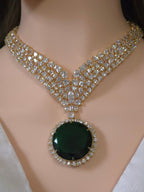 Polki CZ V-Collar Necklace & Emerald CZ Round Drop Earring Set – Inara