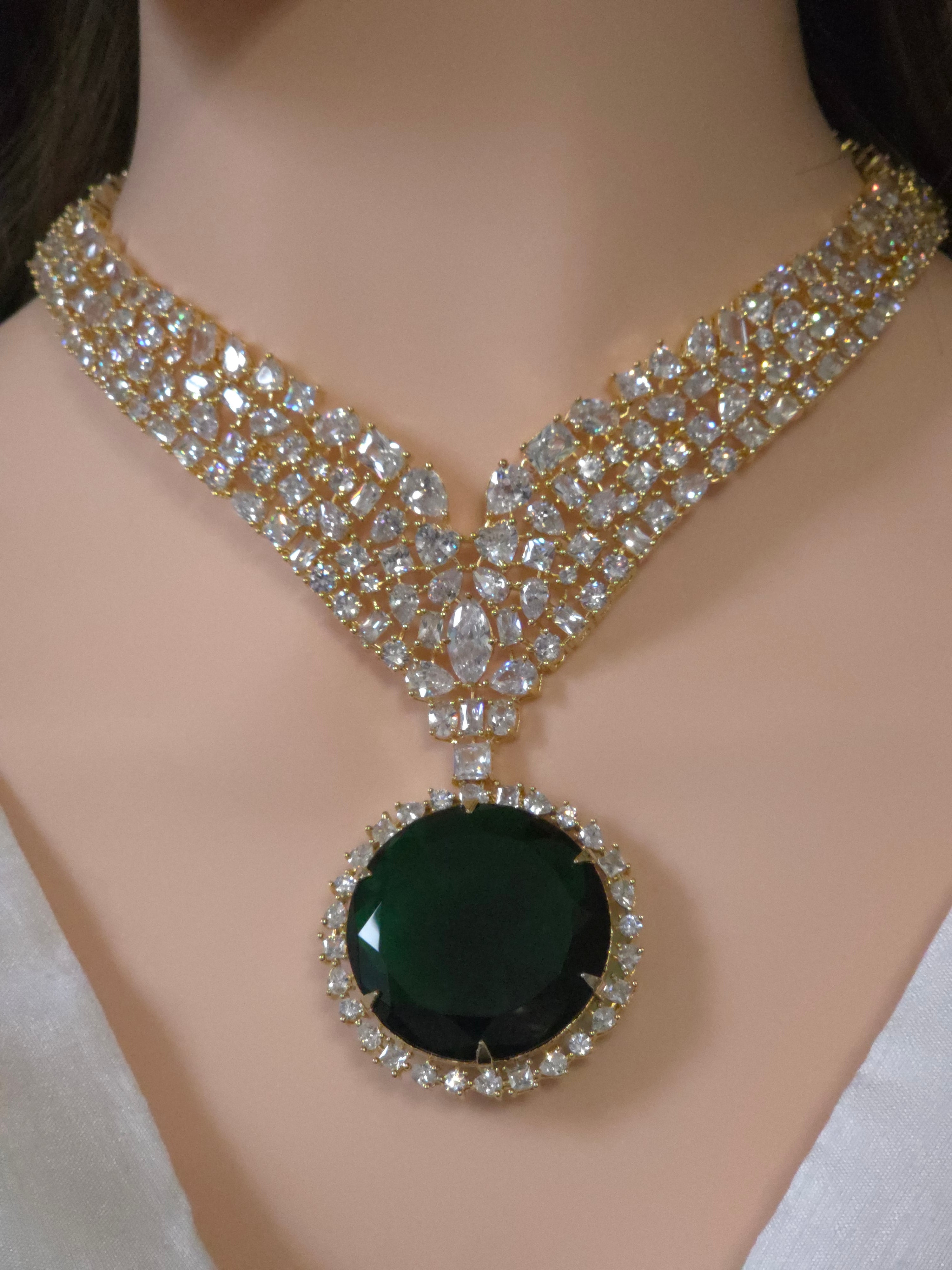 Polki CZ V-Collar Necklace & Emerald CZ Round Drop Earring Set – Inara