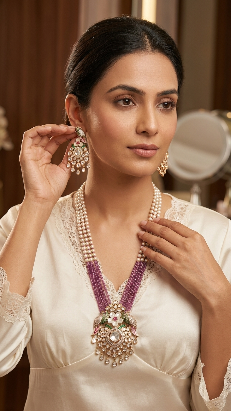 Tota-e-Ishq bridal necklace set with matching parrot earrings on model in traditional attire – Mithudi by Zirca Luxe