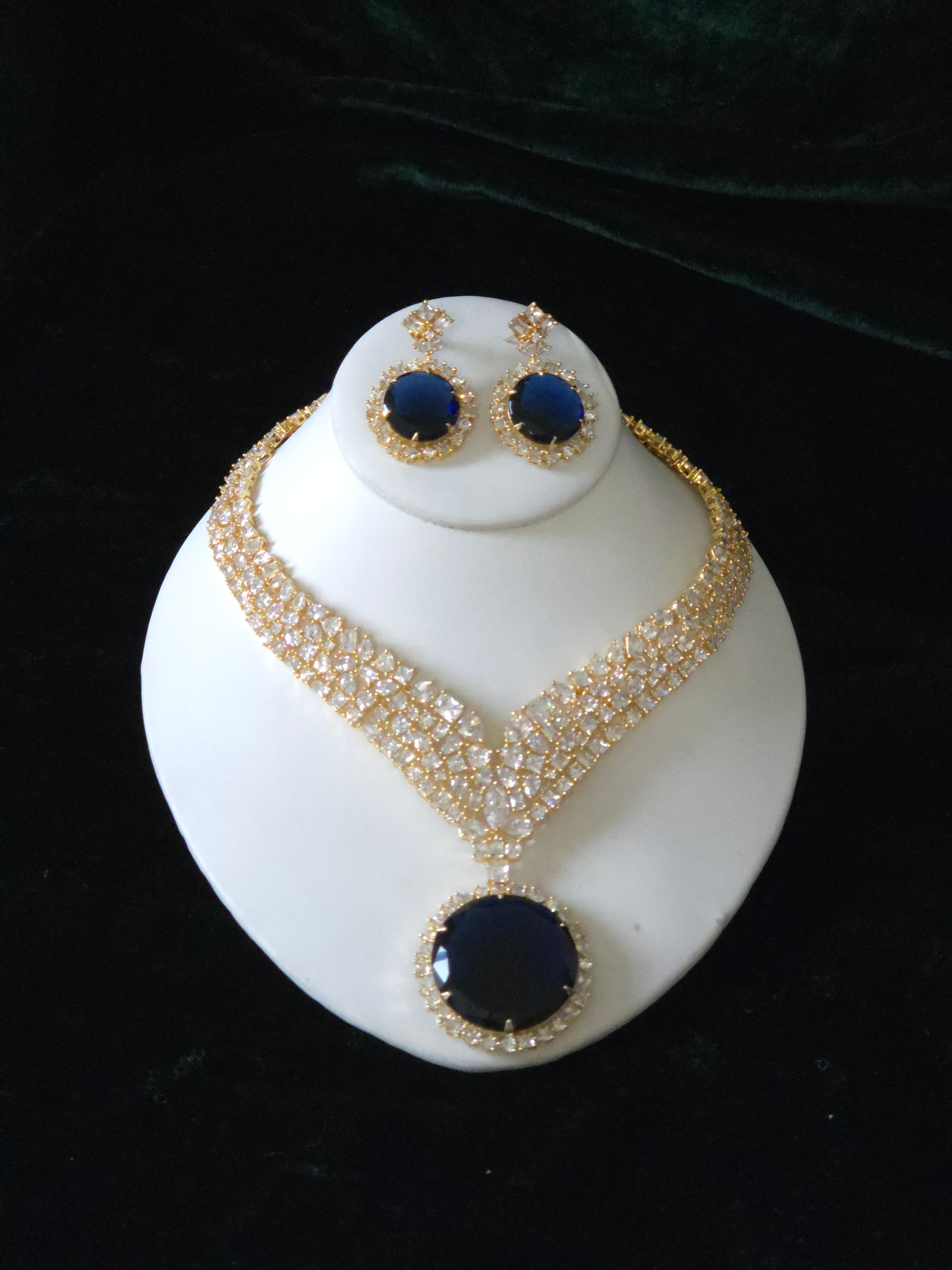 Sapphire CZ Wide V-Collar Necklace & Round Drop Earring Set – Azura