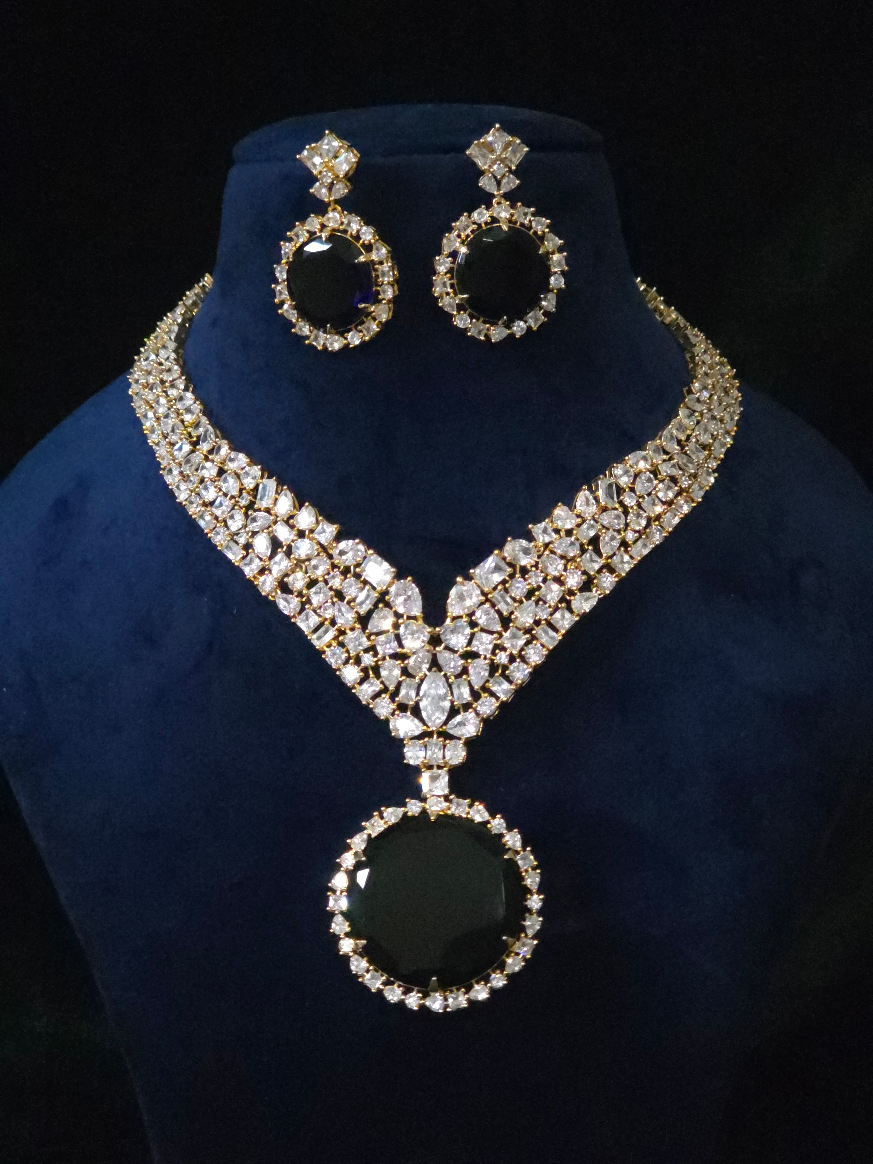 Sapphire CZ Wide V-Collar Necklace & Round Drop Earring Set – Azura