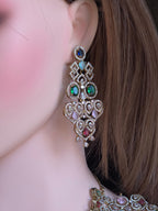 Navratan CZ Filigree Bib Choker, Chandelier Earring & Maang Tikka Bridal Set – Zarkash