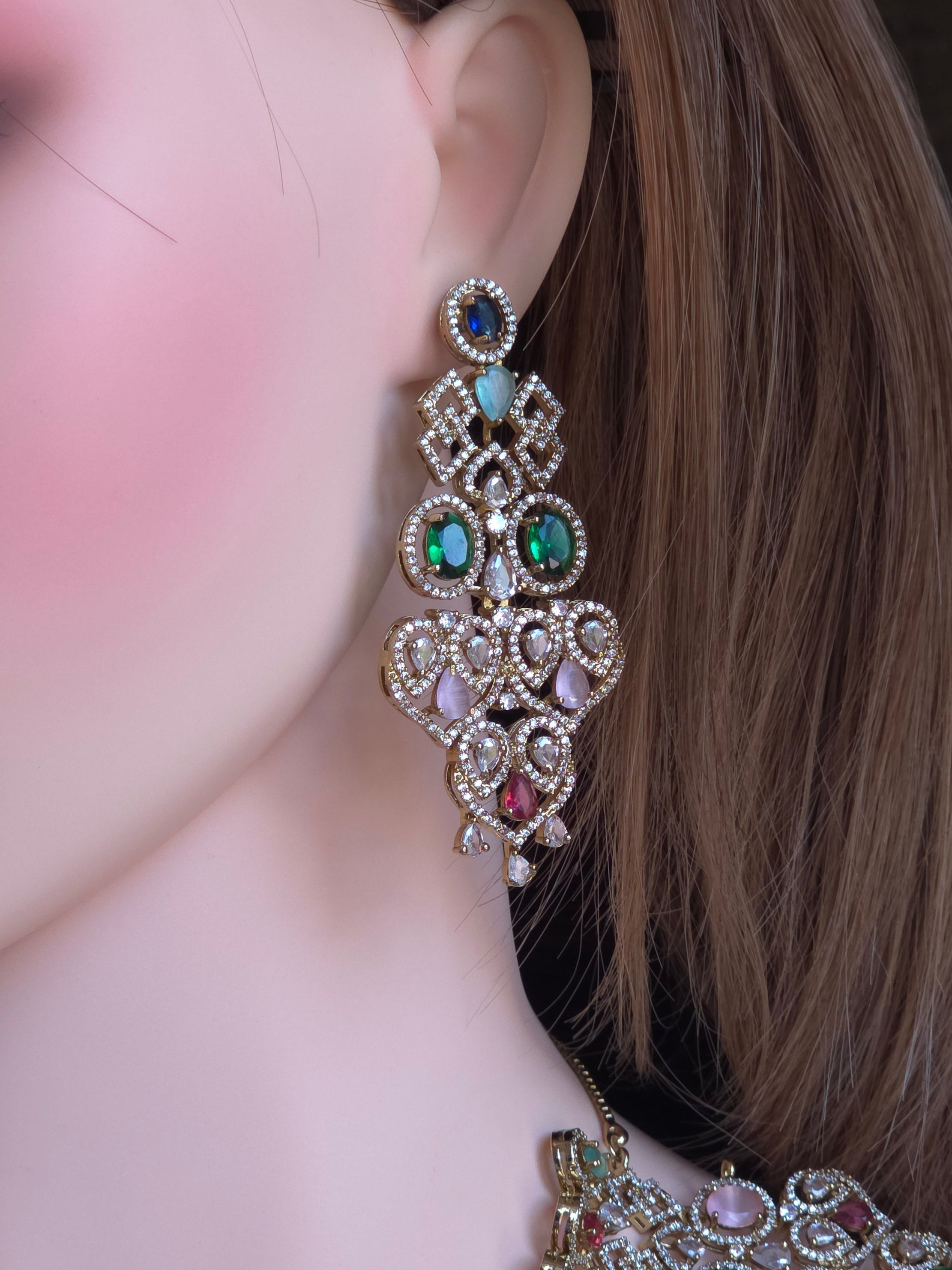 Navratan CZ Filigree Bib Choker, Chandelier Earring & Maang Tikka Bridal Set – Zarkash