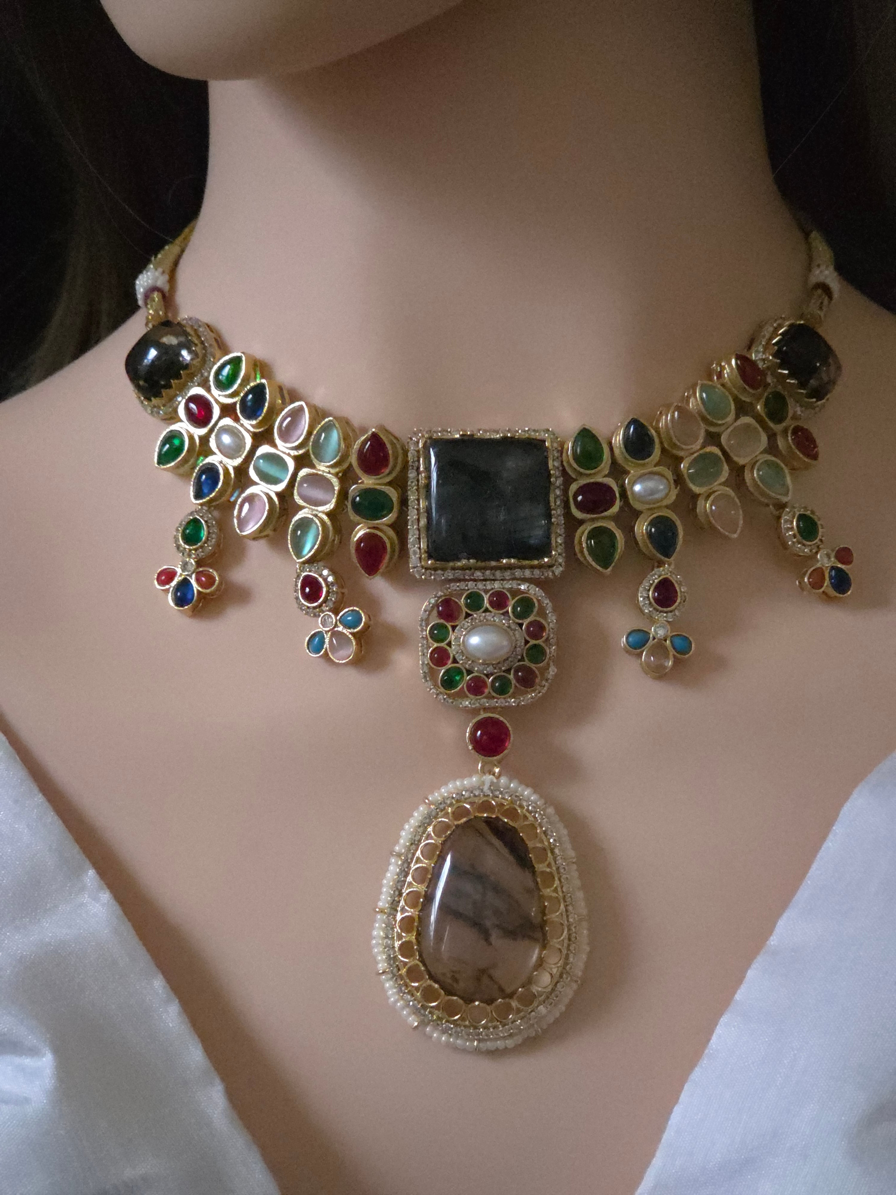 Navratna Kundan Polki Choker Necklace Set - Nadia