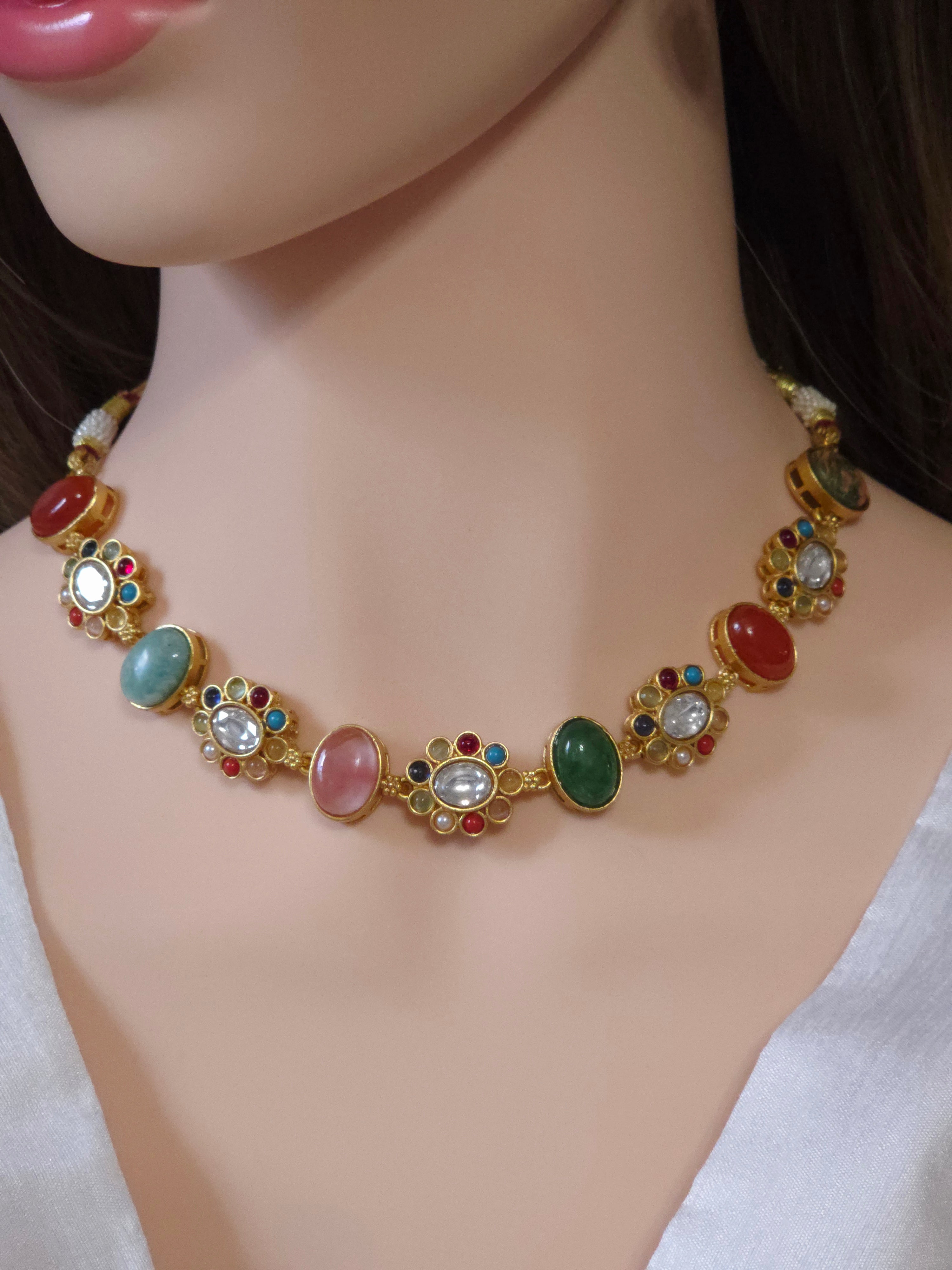 Navratna Kundan Floral Cabochon Choker & Earring Set – Kamala
