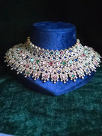 Navratan CZ Filigree Bib Choker, Chandelier Earring & Maang Tikka Bridal Set – Zarkash