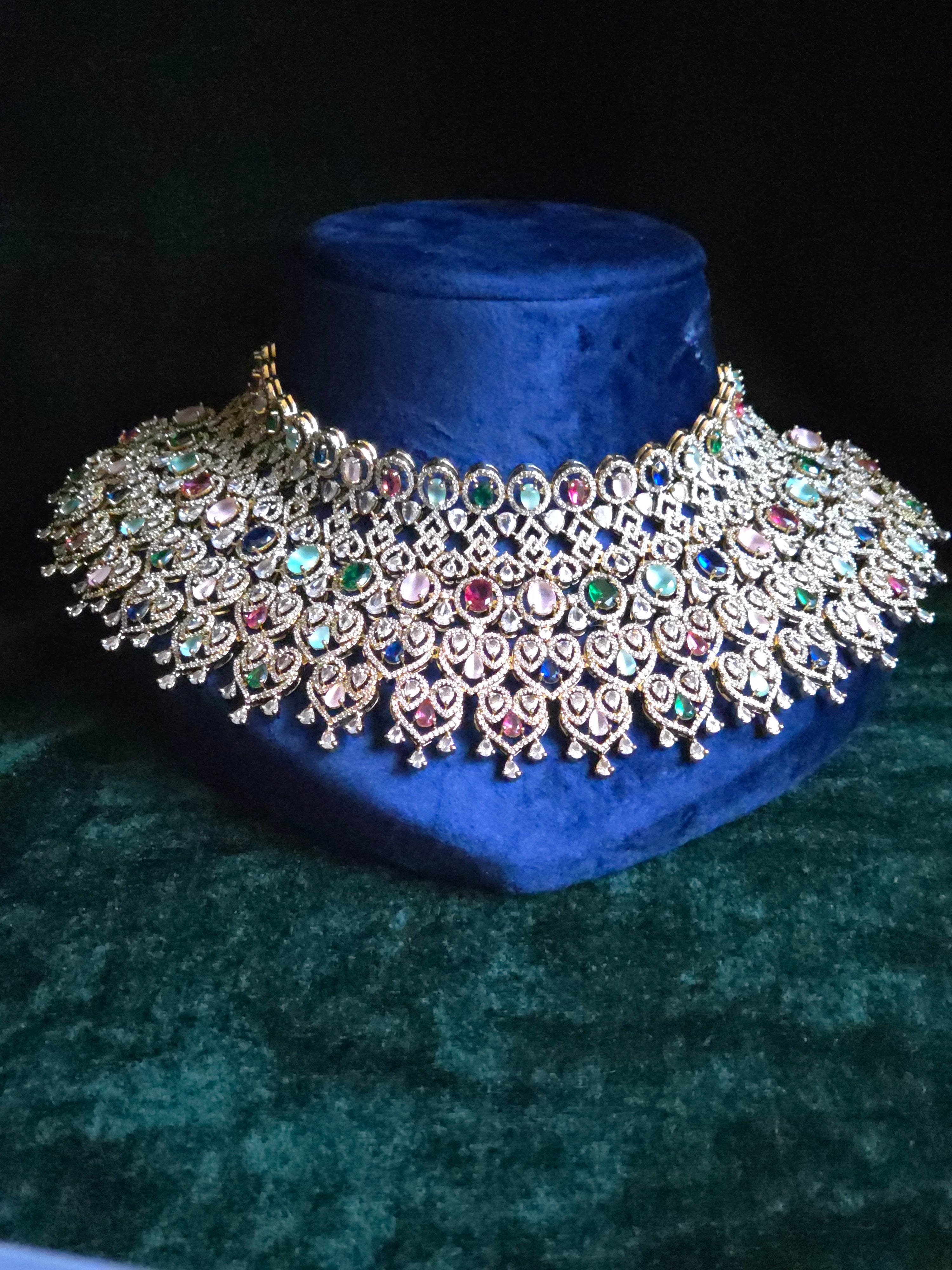 Navratan CZ Filigree Bib Choker, Chandelier Earring & Maang Tikka Bridal Set – Zarkash