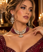 A close-up lifestyle shot of a woman wearing an ornate gold-toned eagle pendant necklace with a matching choker and matching drop earrings. She is wearing a deep maroon embellished gown, set against a warm, blurred background with golden chandeliers.