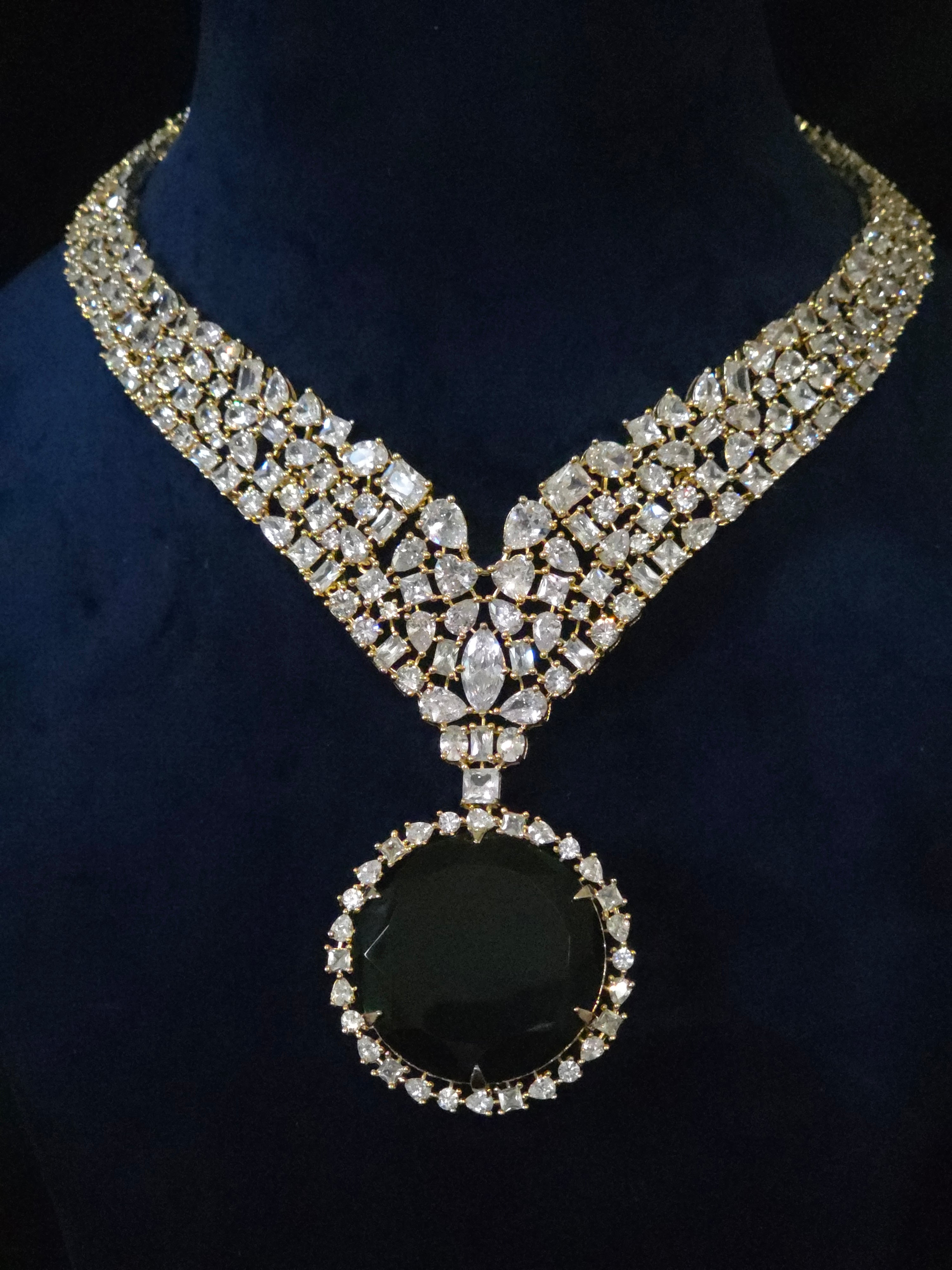 Polki CZ V-Collar Necklace & Emerald CZ Round Drop Earring Set – Inara