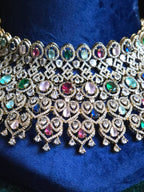 Navratan CZ Filigree Bib Choker, Chandelier Earring & Maang Tikka Bridal Set – Zarkash