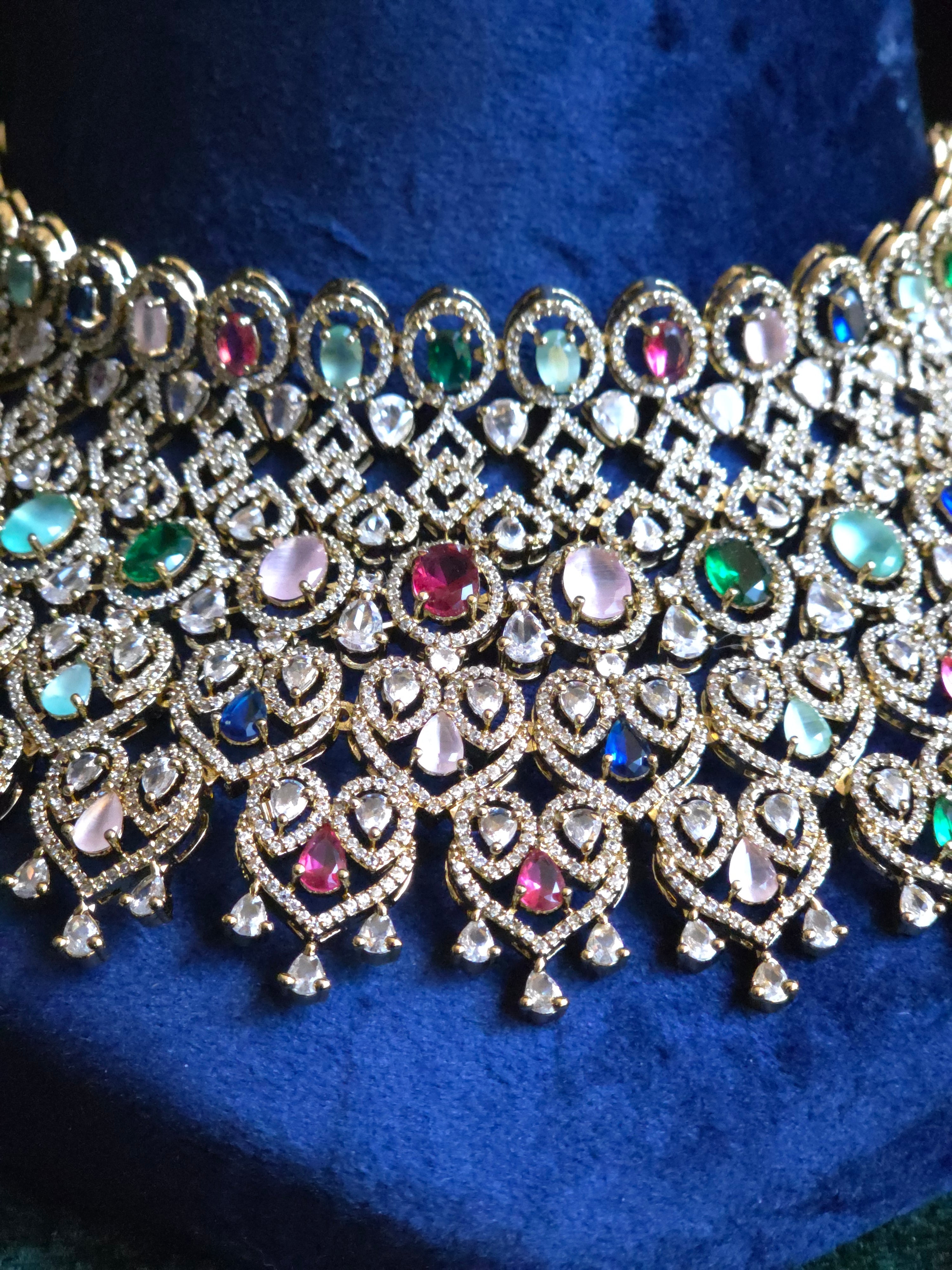 Navratan CZ Filigree Bib Choker, Chandelier Earring & Maang Tikka Bridal Set – Zarkash